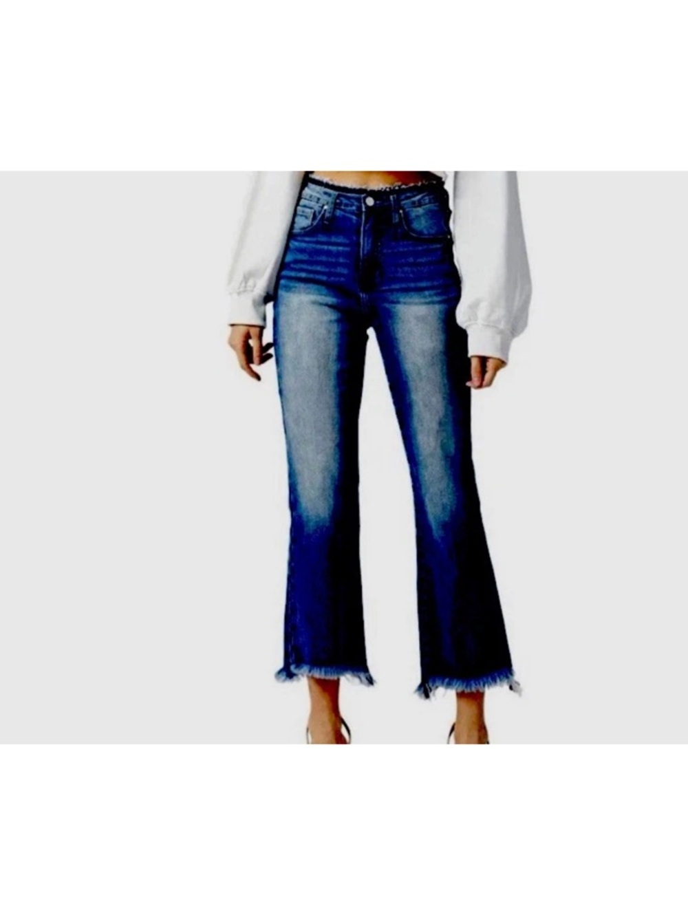 Risen High-Rise Frayed Hem Blue Jeans - Women